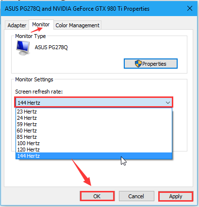 select the optimal refresh rate from the drop-down menu