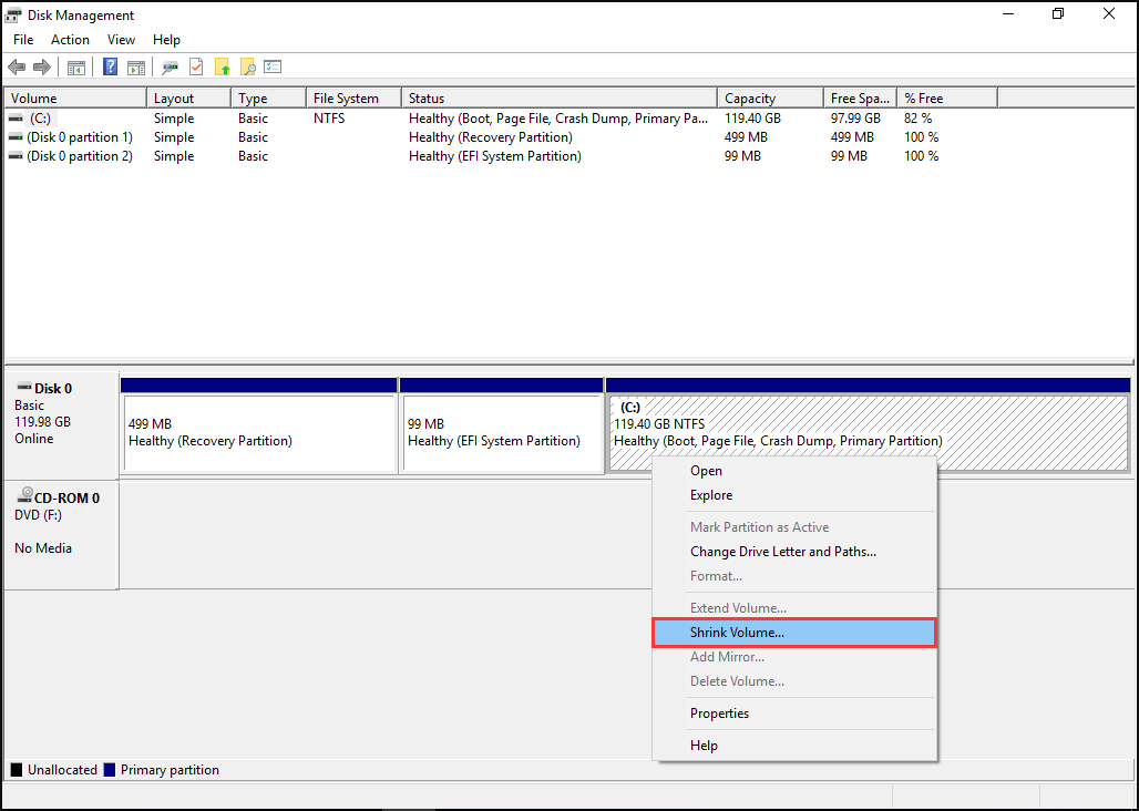shrink volume C Disk Management