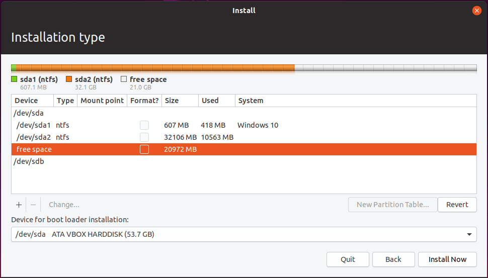 select the free space to create a new partition