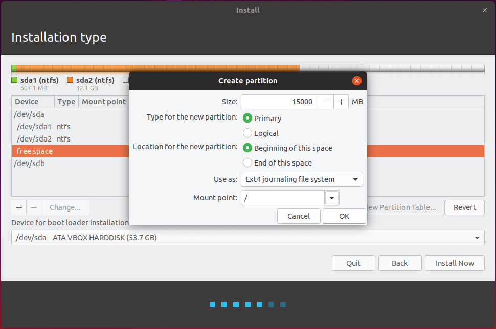 configuration for the first root partition