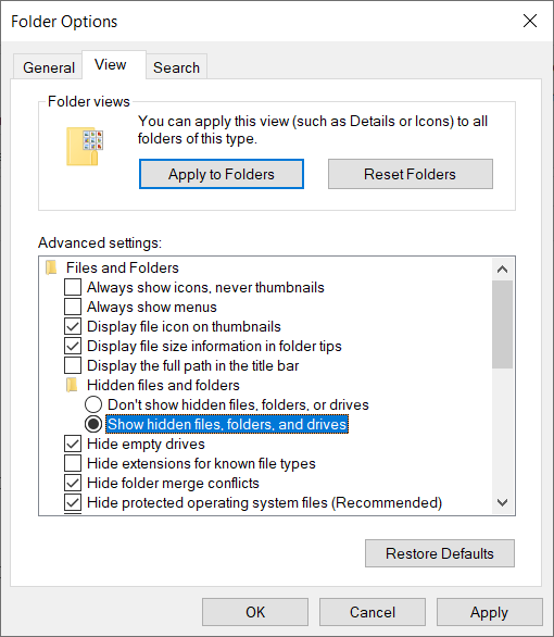 Show hidden files, folders, and drives