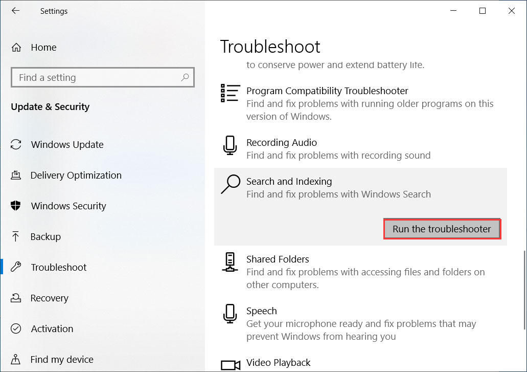 Windows Search and Indexing troubleshooter