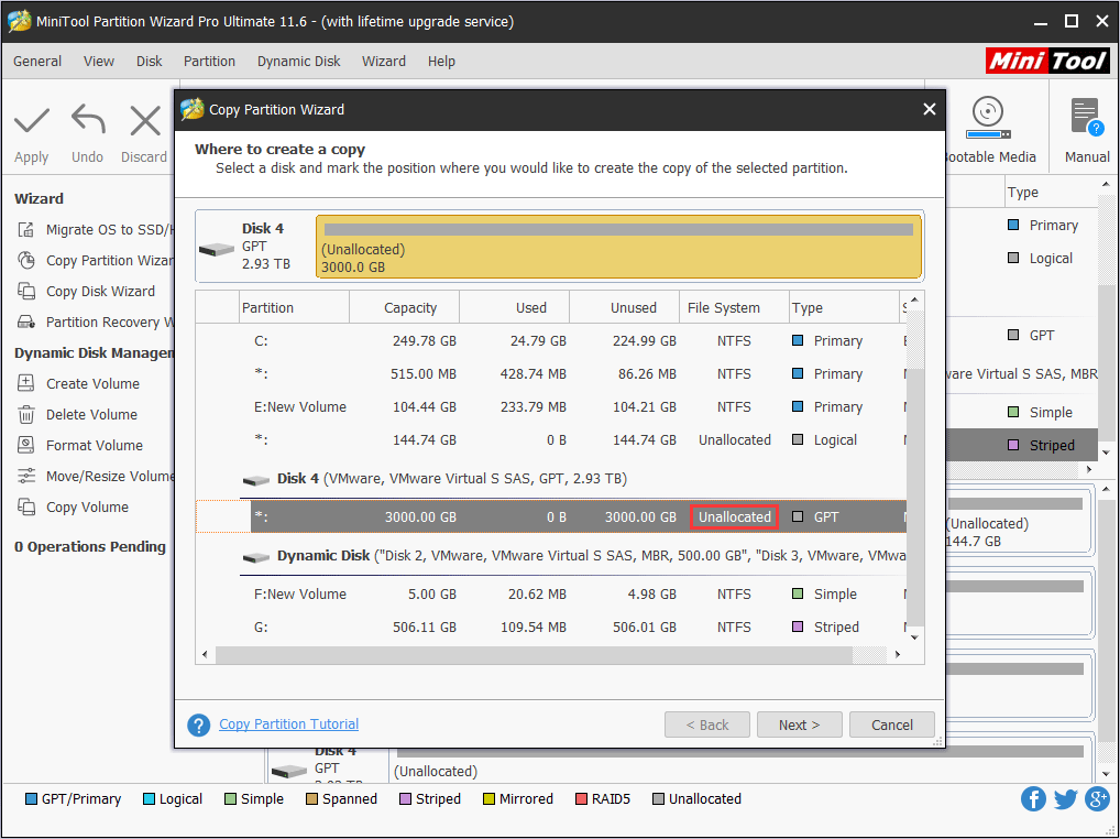 select a target disk where the data will be copied to