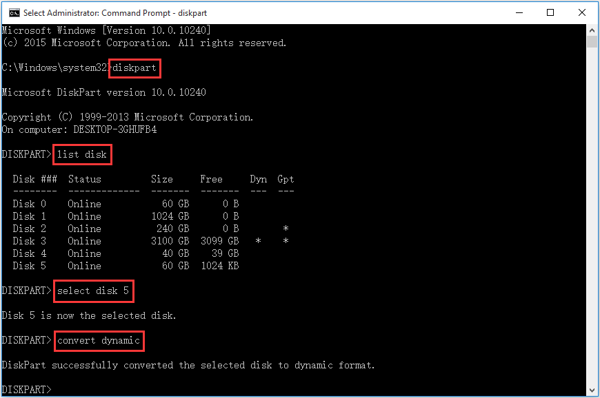type diskpart commands