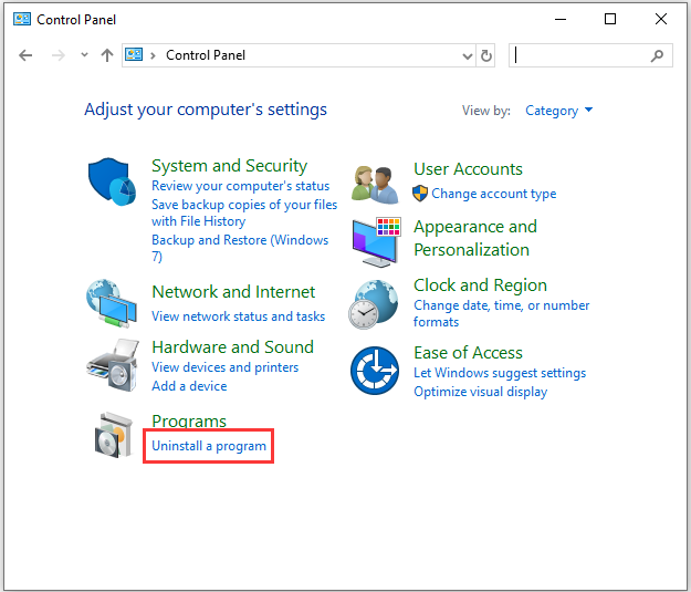 click Uninstall a program