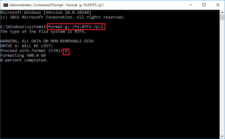 execute command format g: /fs:NTFS /p:1