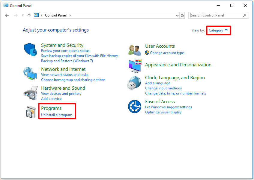 change the view by category and click on uninstall a program