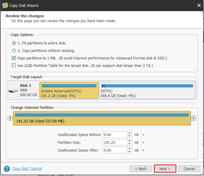 select a copy method and click Next