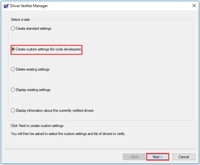 choose the Create custom settings for code developer option