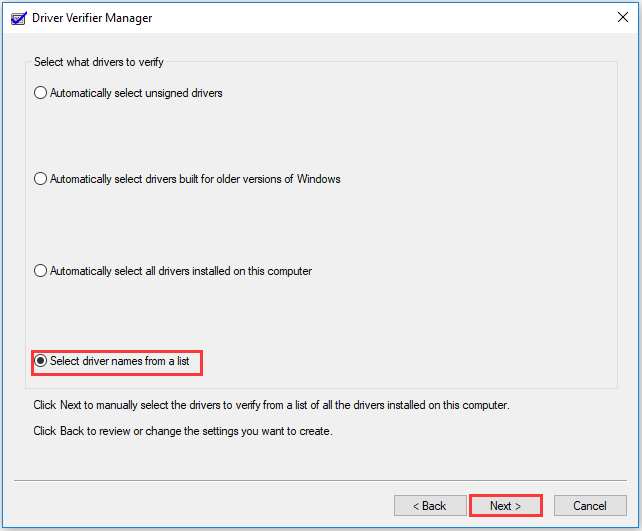 Choose the Select driver names from a list option