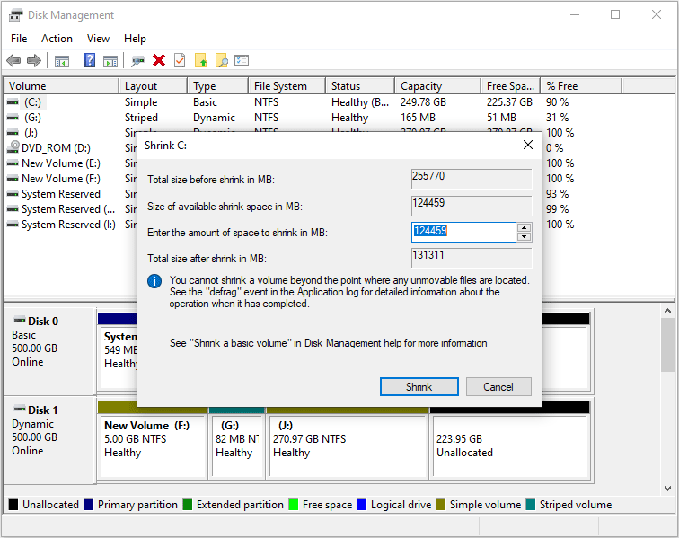 can't shrink disk windows 10