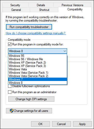 run this program in compatibility mode for