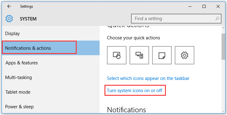 click on the Turn system icons on or off link