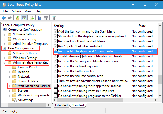 double click Remove Notifications and Action Center