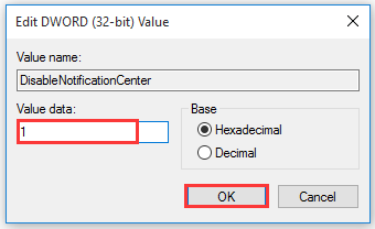 set the value data to 1
