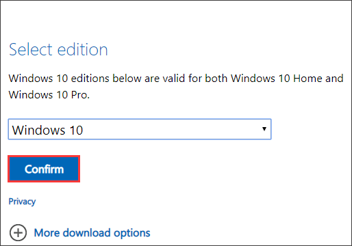 select a Windows 10 version and confirm