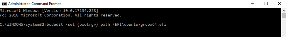 bcdedit /set {bootmgr} path EFIubuntugrubx64.efi