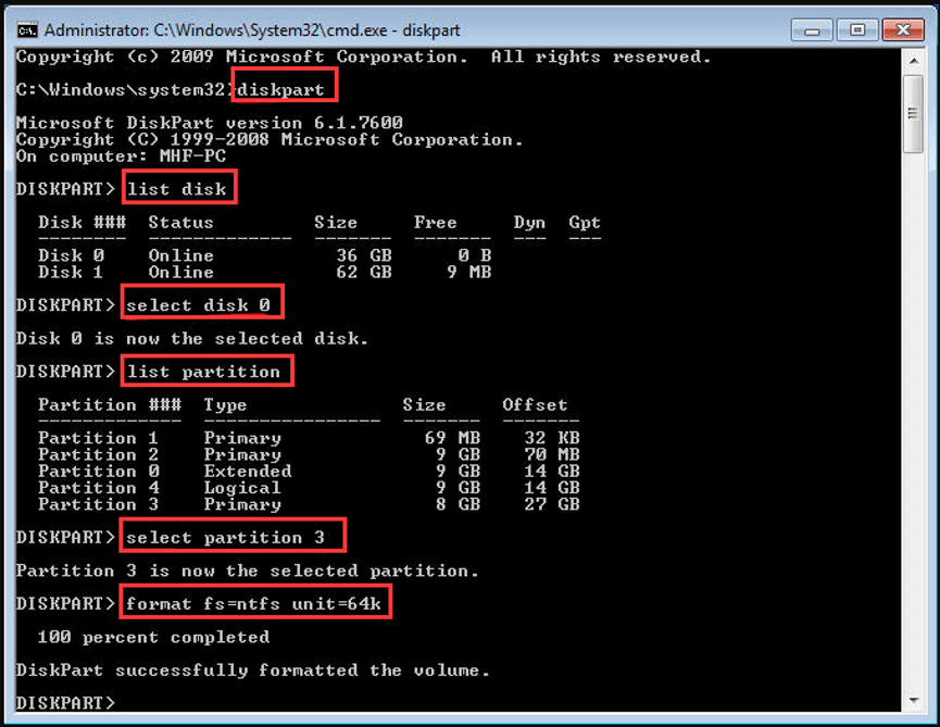 change allocation unit size in Command Prompt