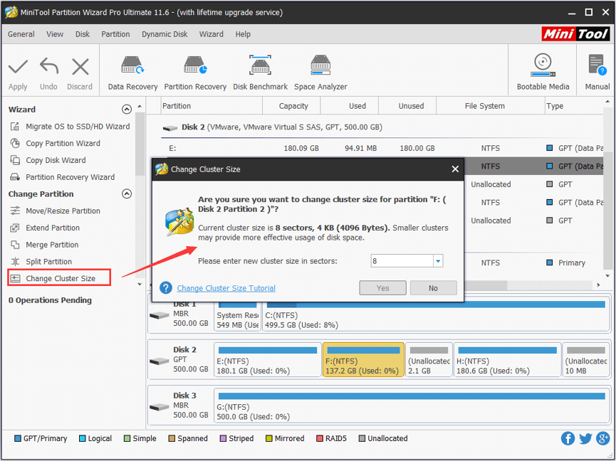 change allocation unit size via MiniTool Partition Wizard