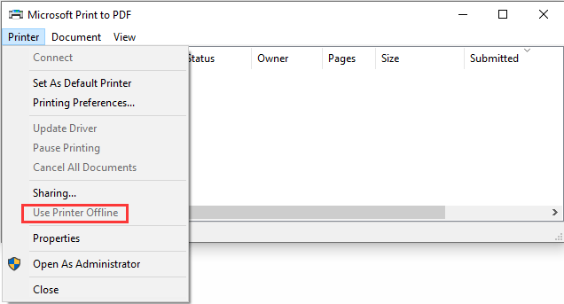 uncheck Use Printer Offline