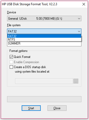 the main interface of HP USB Disk Storage Format Tool