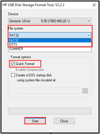 format the USB drive using the HP format tool