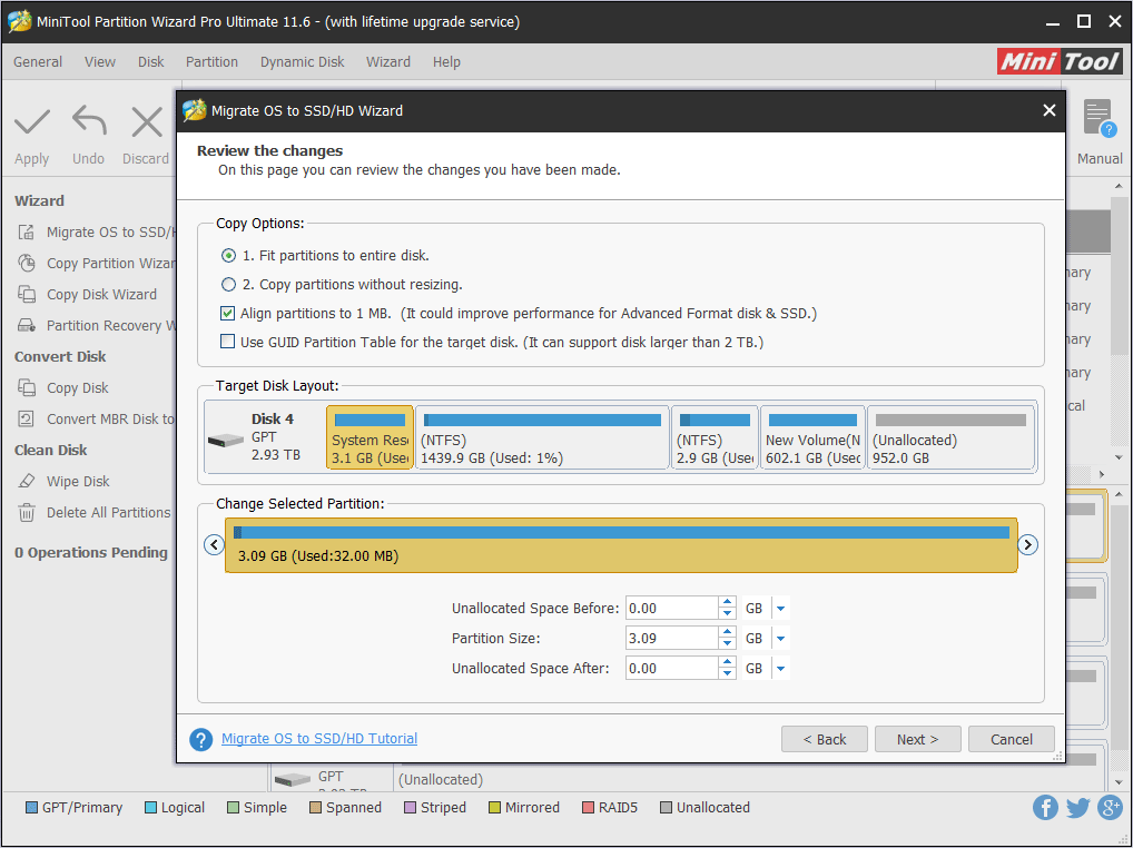 choose right copy options and adjust the target disk layout