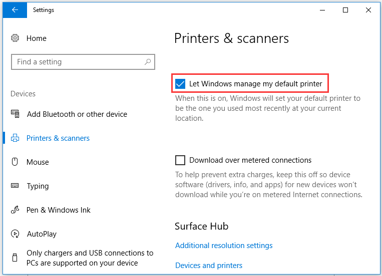 uncheck Let Windows 10 manage my default printer