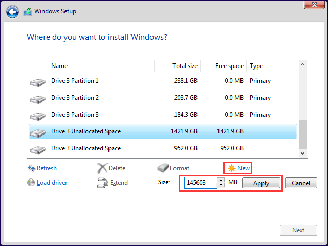 set the size of the new partition
