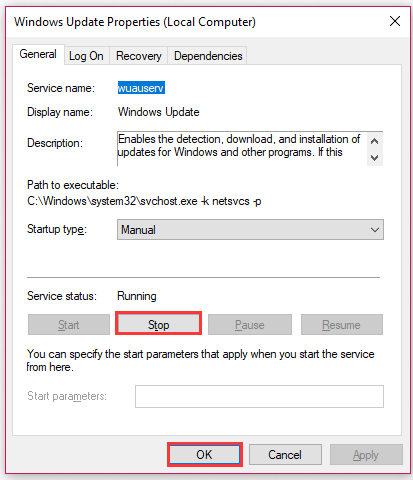 stop the Windows Update service
