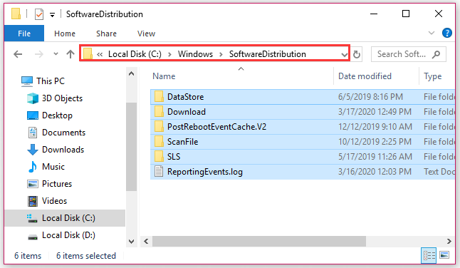 delete everything inside the Software Distribution folder