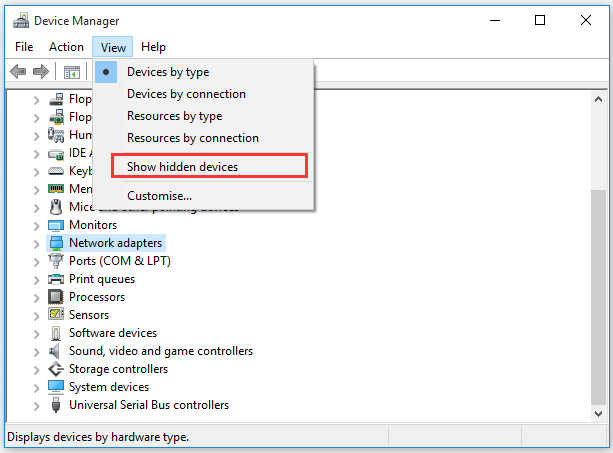 click on Show hidden devices