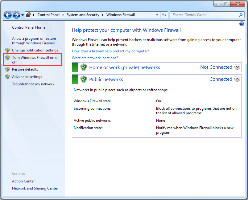 click Turn Windows Firewall on or off
