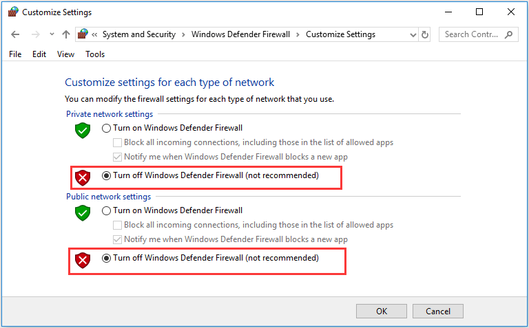 turn off Windows Defender Firewall