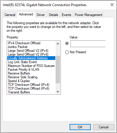 change MAC address in Control Panel