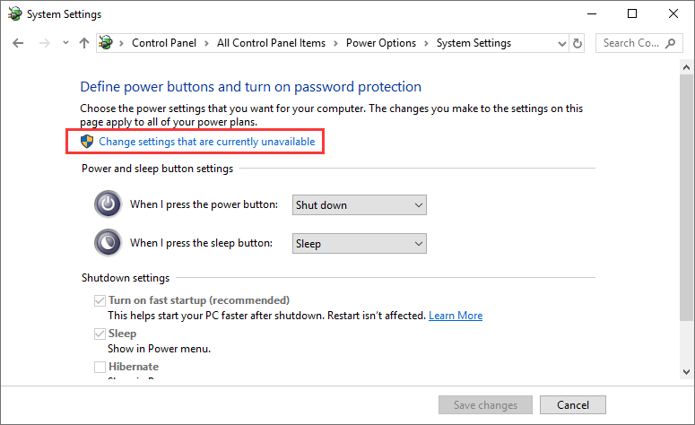 click change settings that are not currently unavailable button