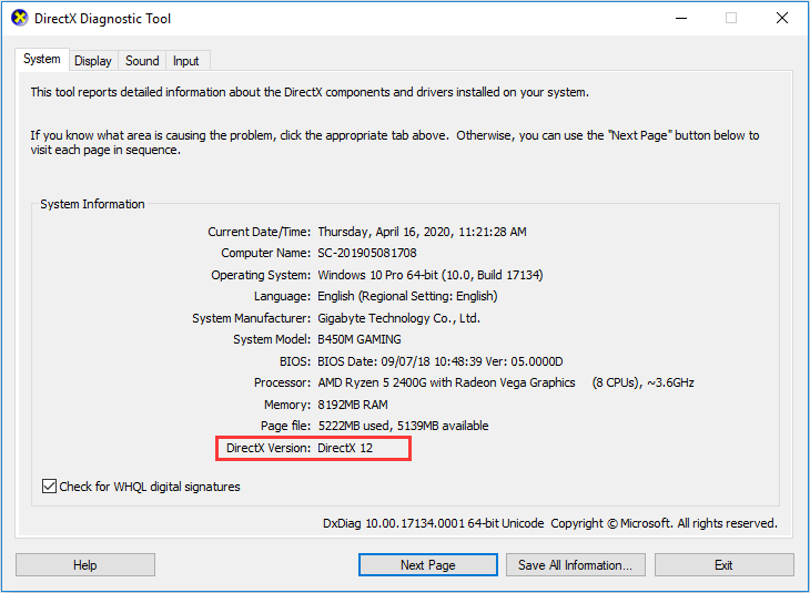 check DirectX version