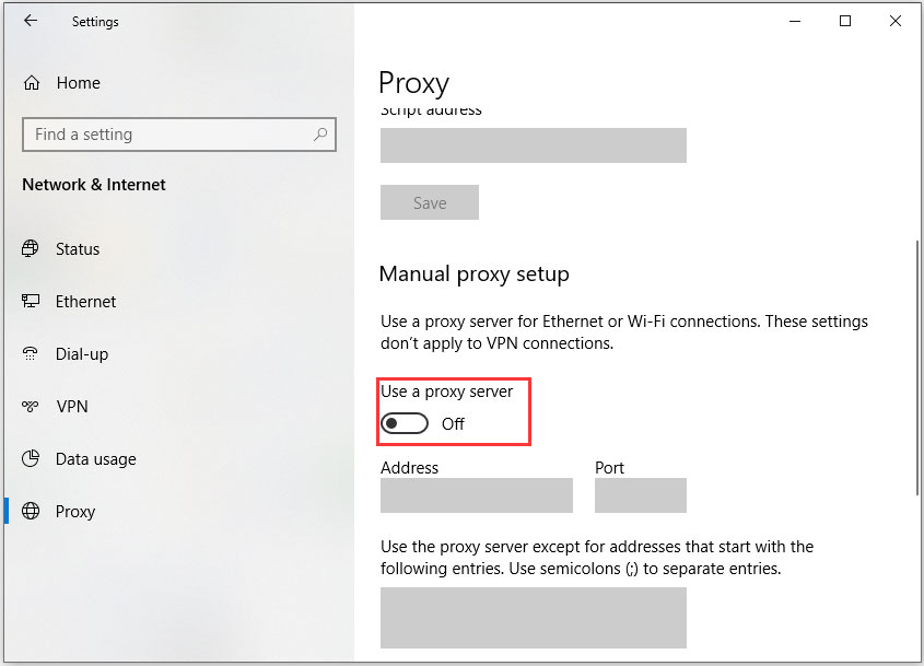 Toggle off Proxy Server