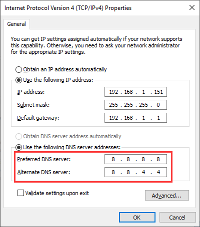 use the following DNS server addresses