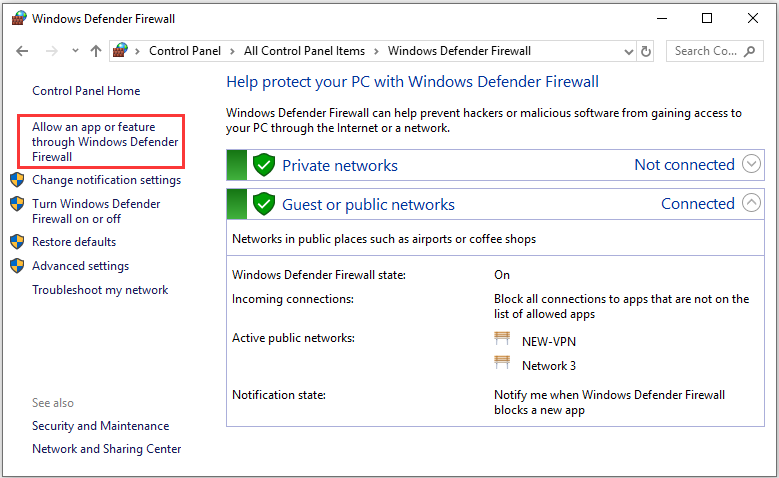 Allow an app or feature through Windows Defender Firewall