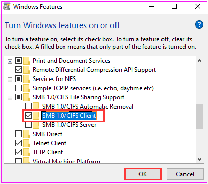 select the checkbox for SMB 1.0/CIFS Client