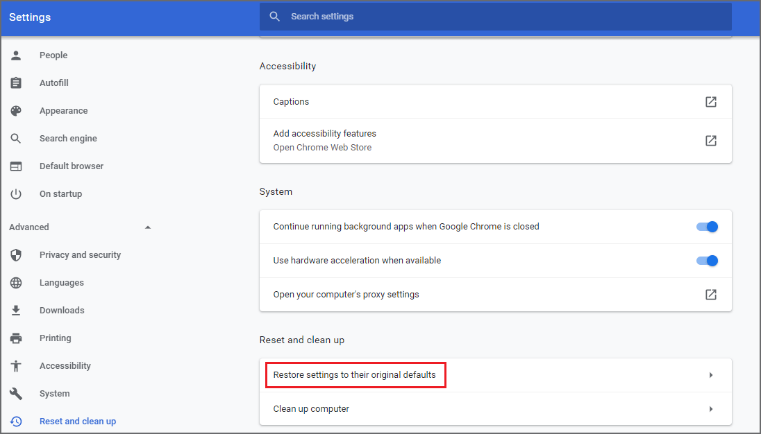 Reset settings to their original defaults chrome