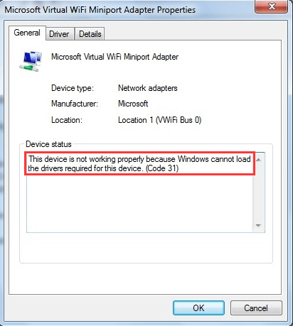 Beschrijving theorie tafereel How to Fix Microsoft Virtual WiFi Miniport Adapter Error Code 31