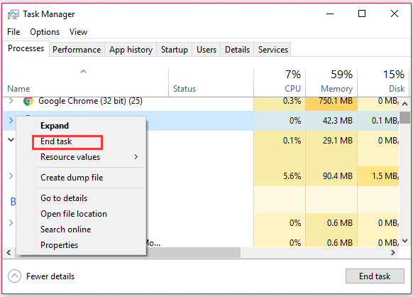 click on End Task