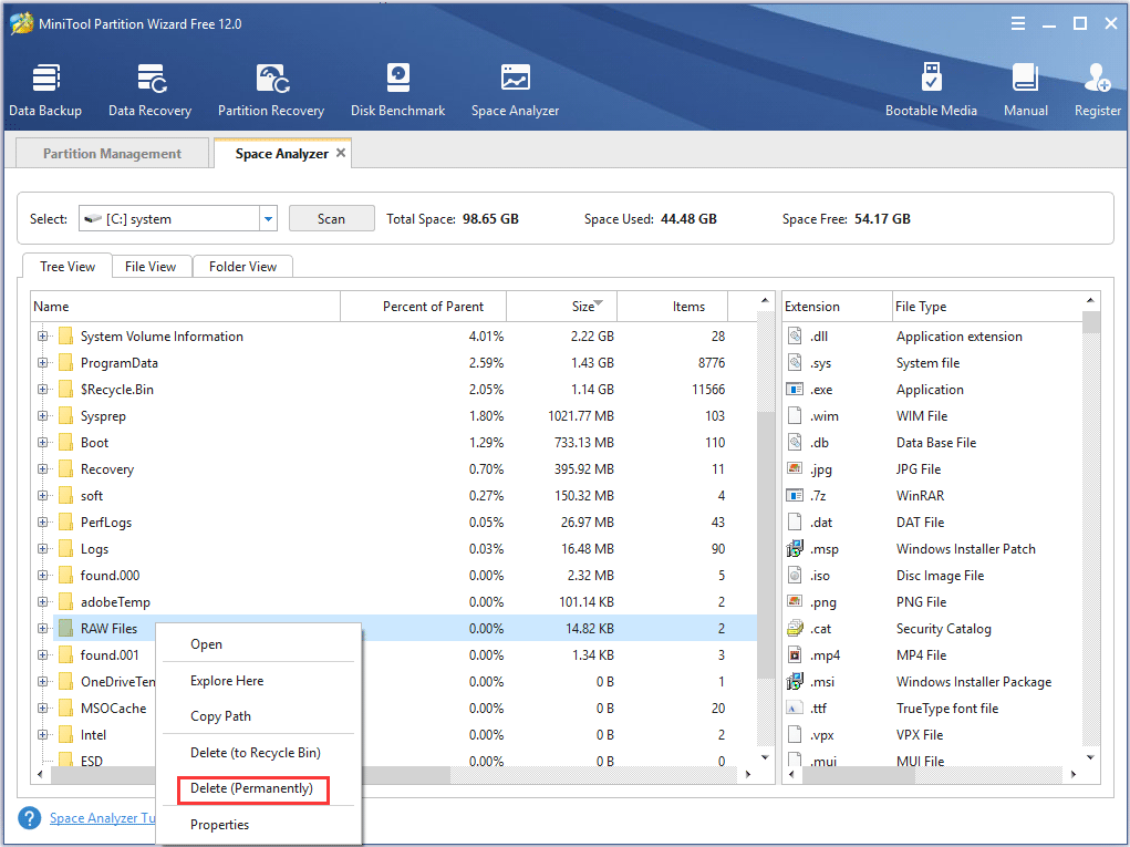 delete a file via space analyzer