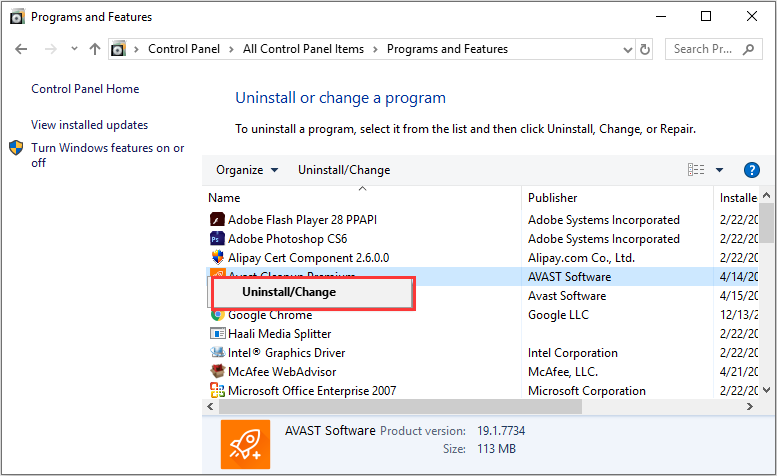 uninstall a program in Windows 10