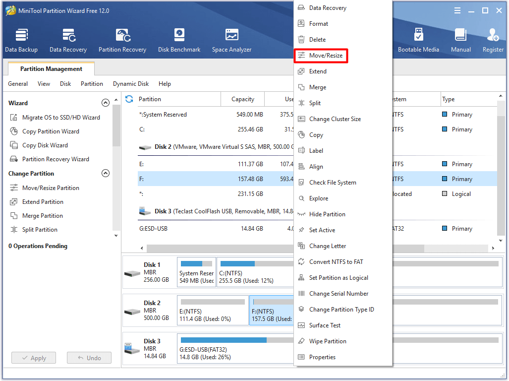choose move or resize feature