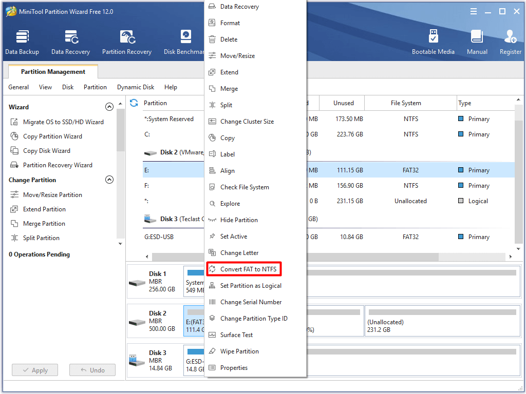 click on convert FAT to NTFS