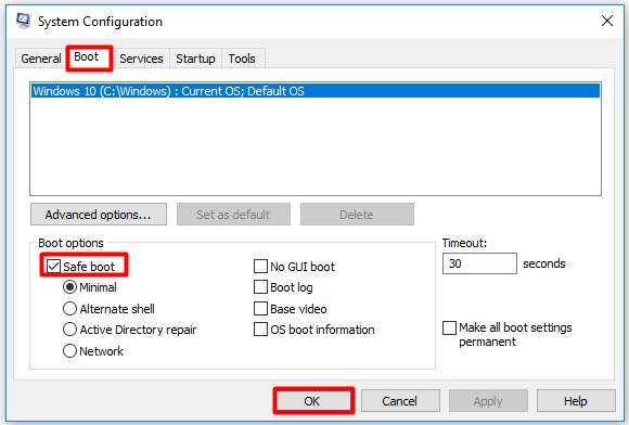 choose safe boot and click ok
