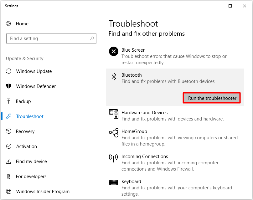 run the Bluetooth Troubleshooter